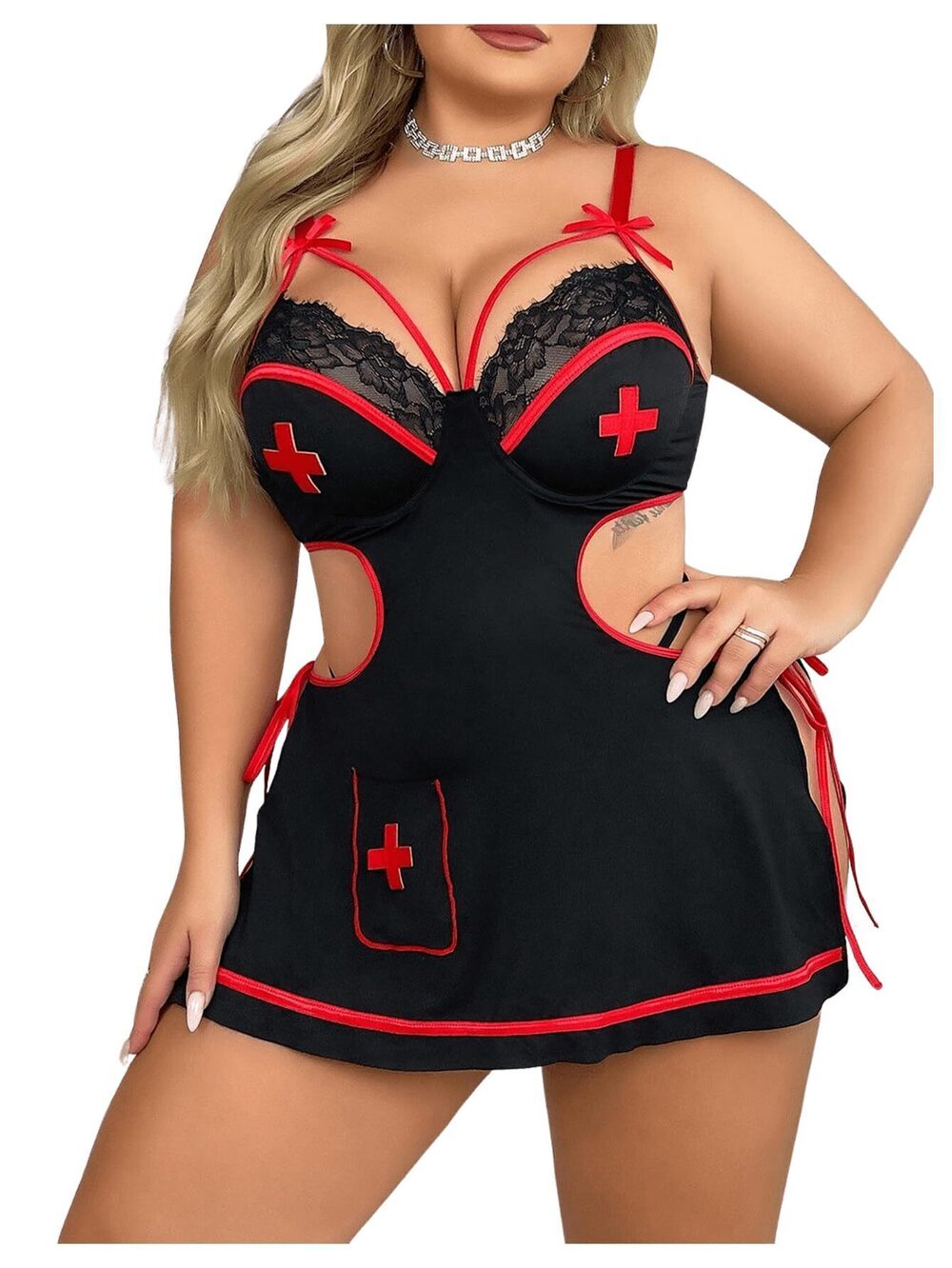 6615 Plus Size 3 Piece Babydoll Lingerie Set Nurse Roleplay Costume Side